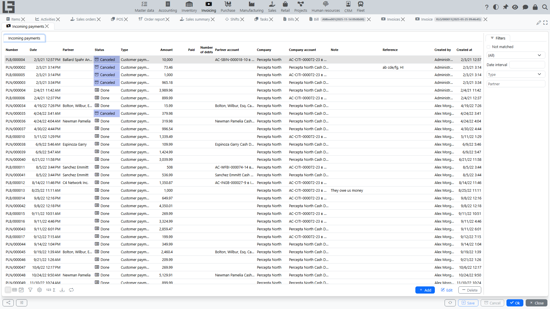 Incoming payments list