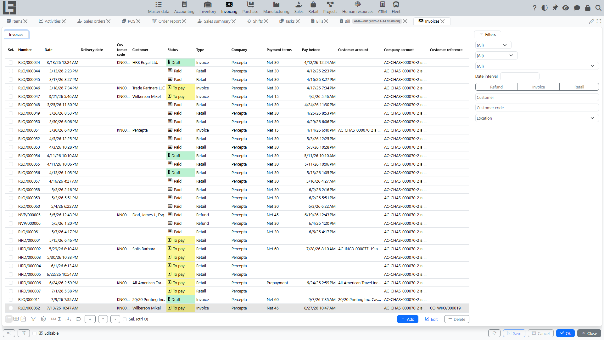 Invoice list