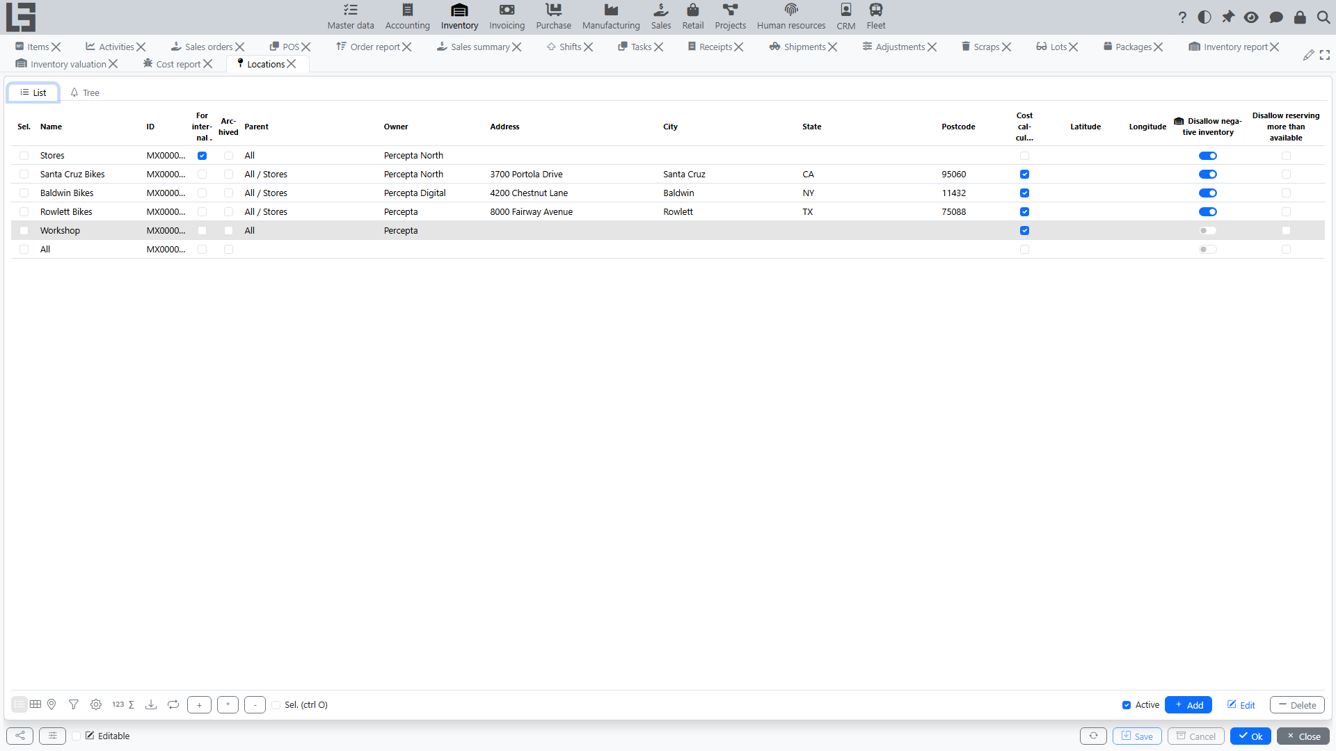Locations list with the Tree tab