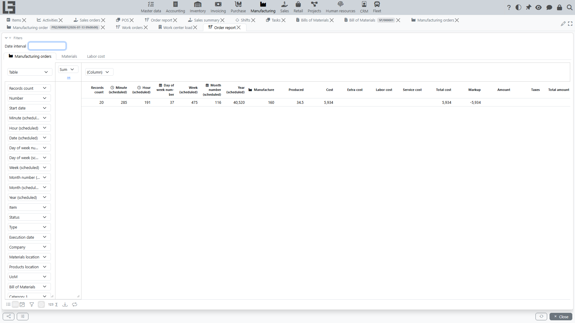 Manufacturing order report