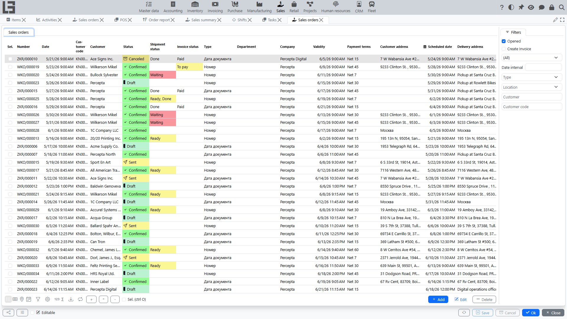 Sales orders list