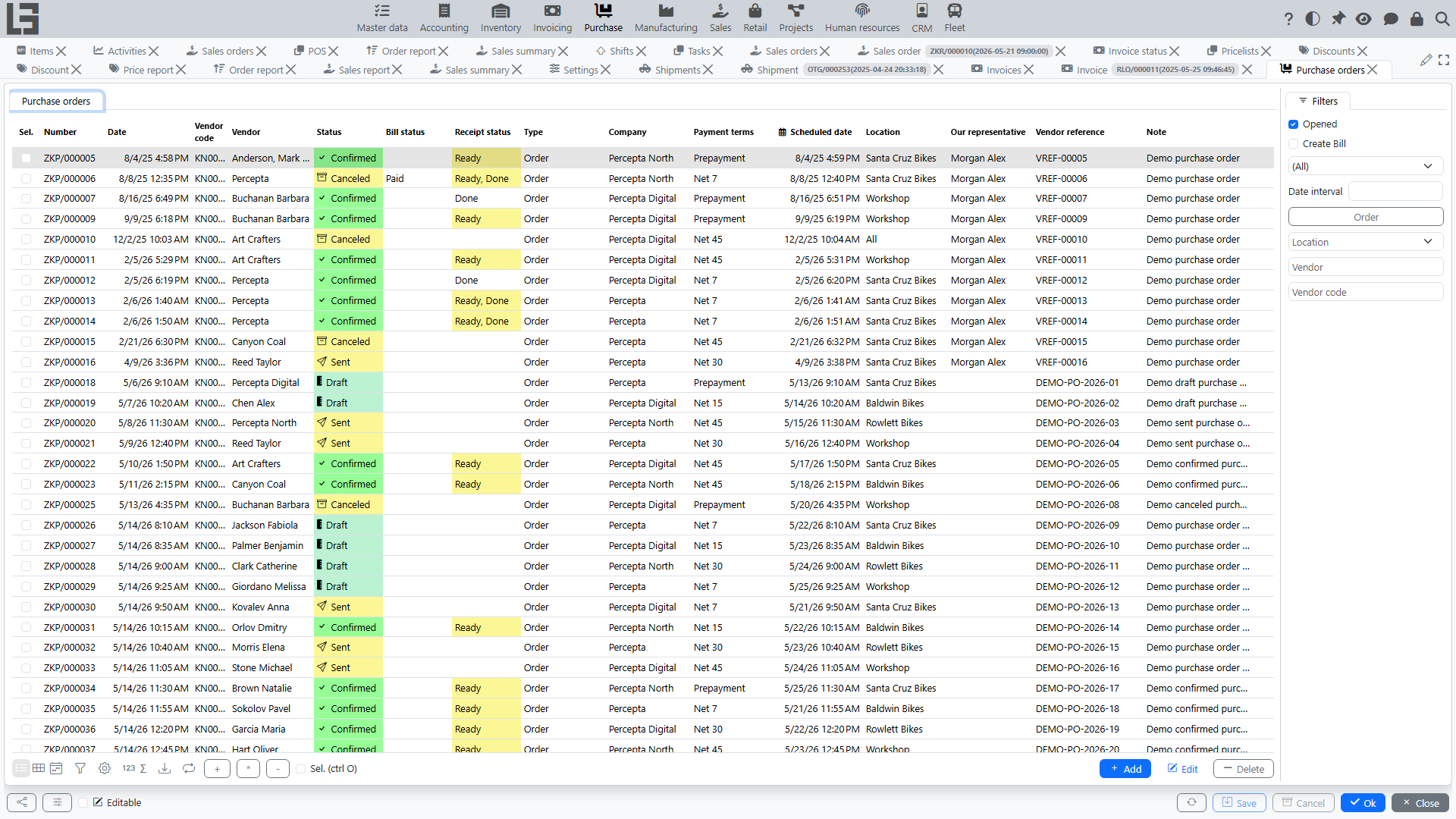 Purchase orders list
