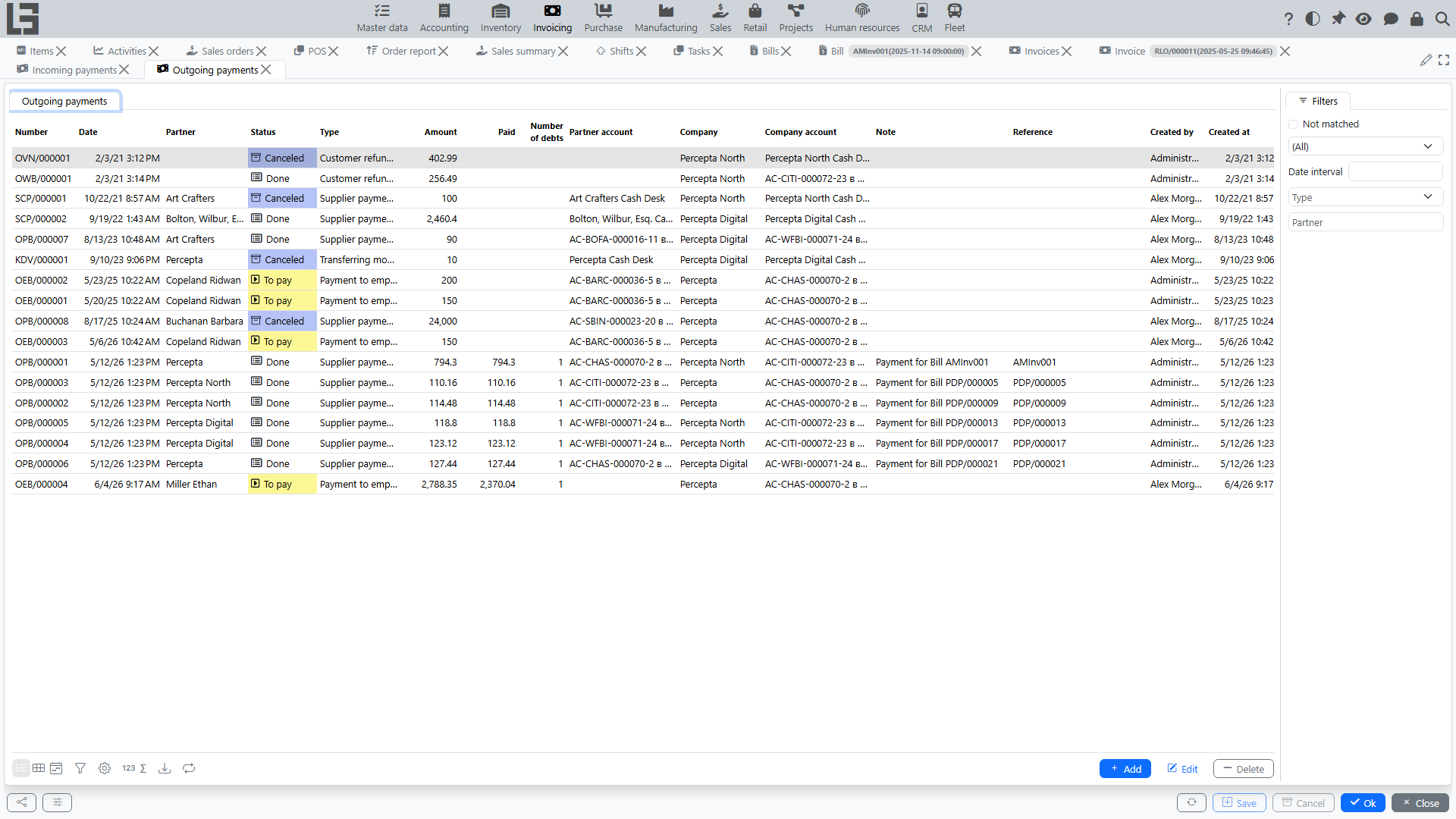 Outgoing payments list