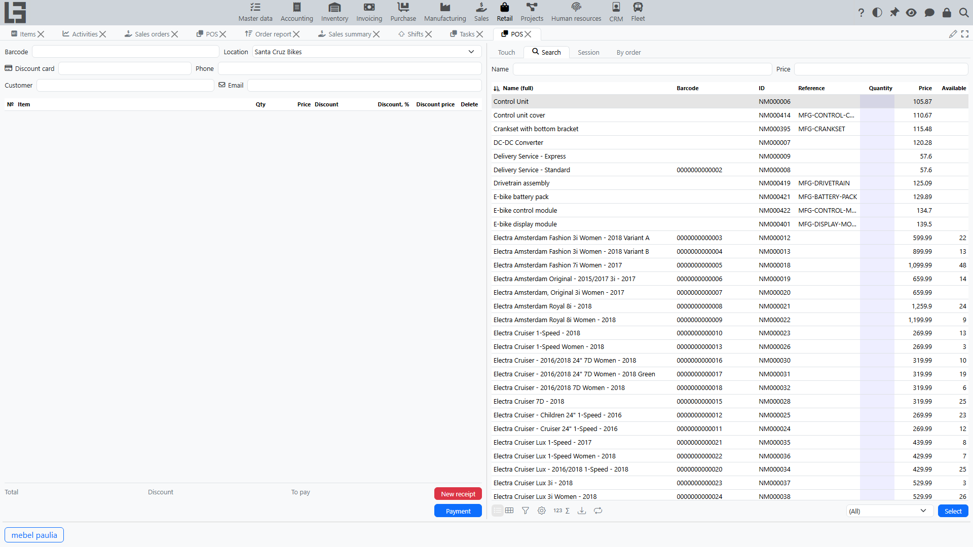 Search tab on the POS screen