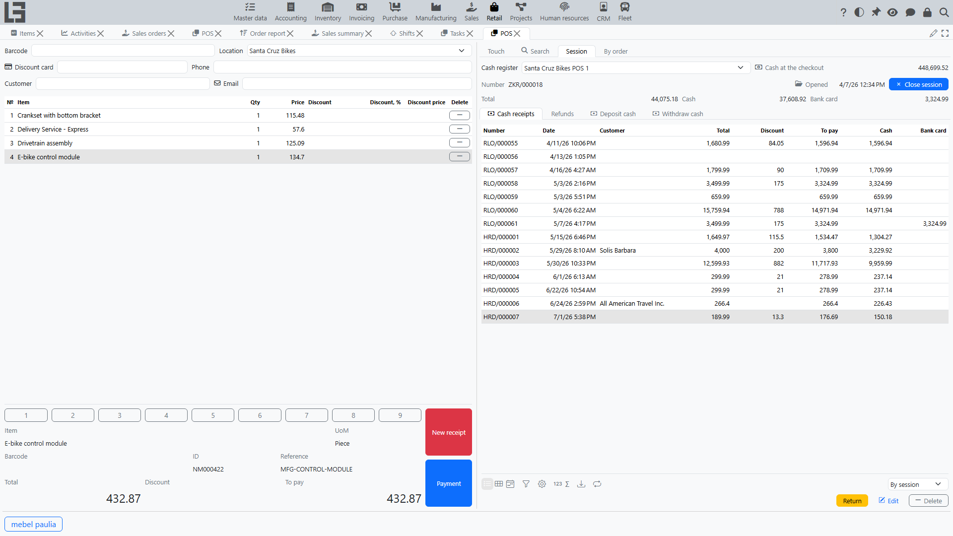 Session tab on the POS screen