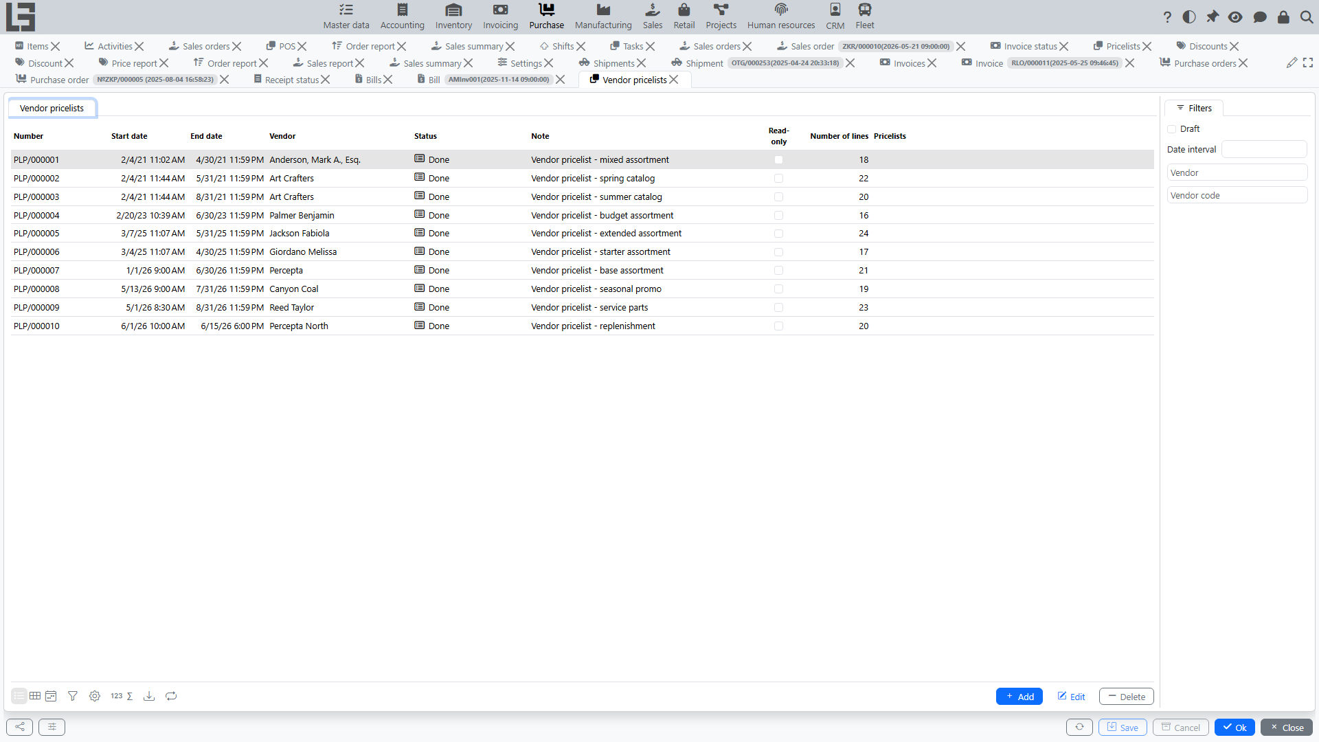 Vendor pricelists list