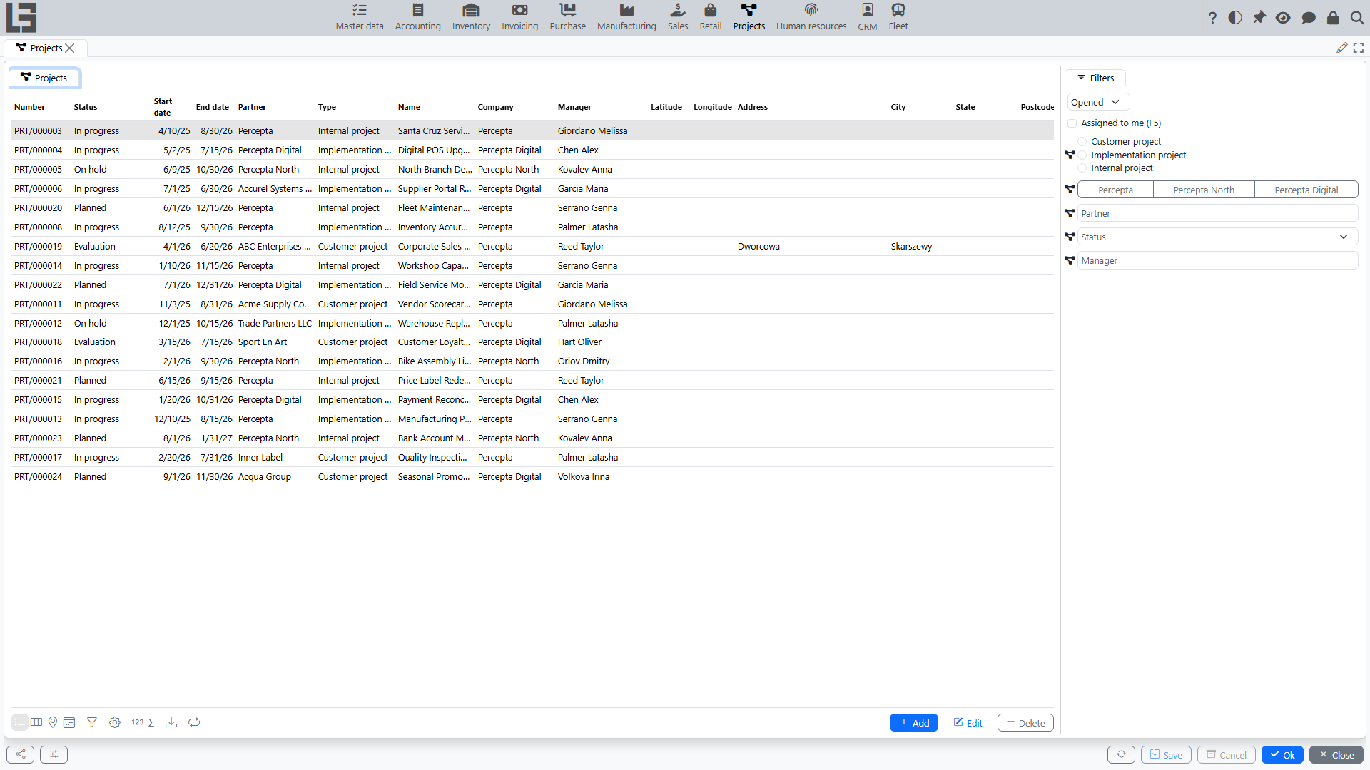 Project list with filters