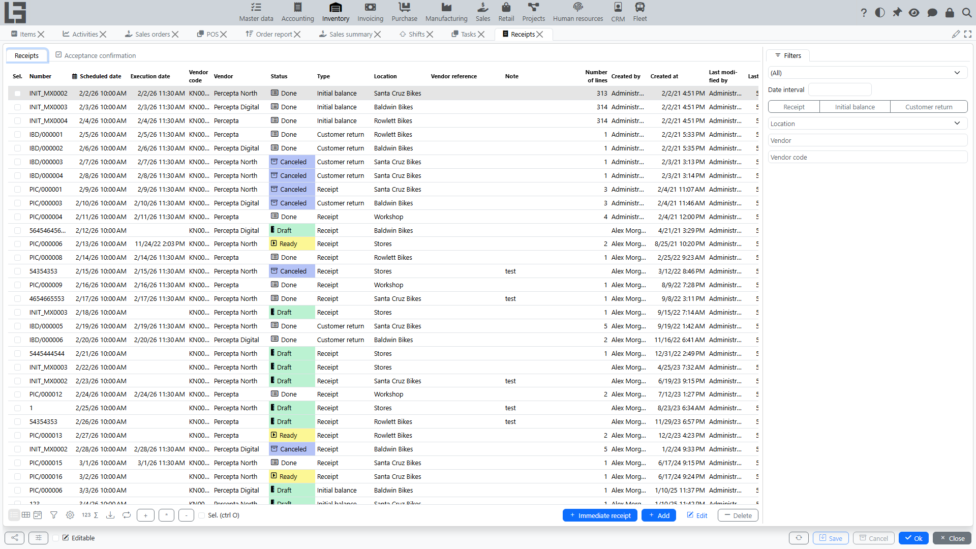 Receipts list