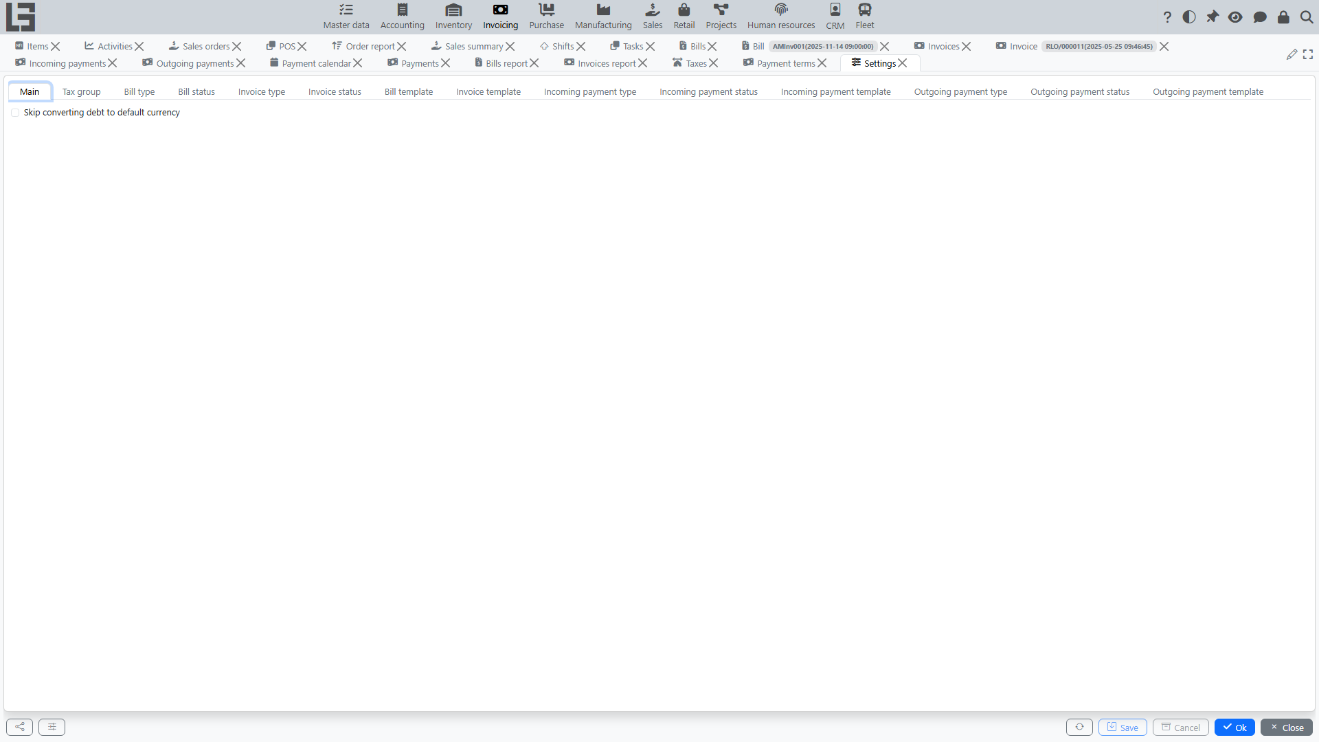 The "Settings" form of the Invoicing module