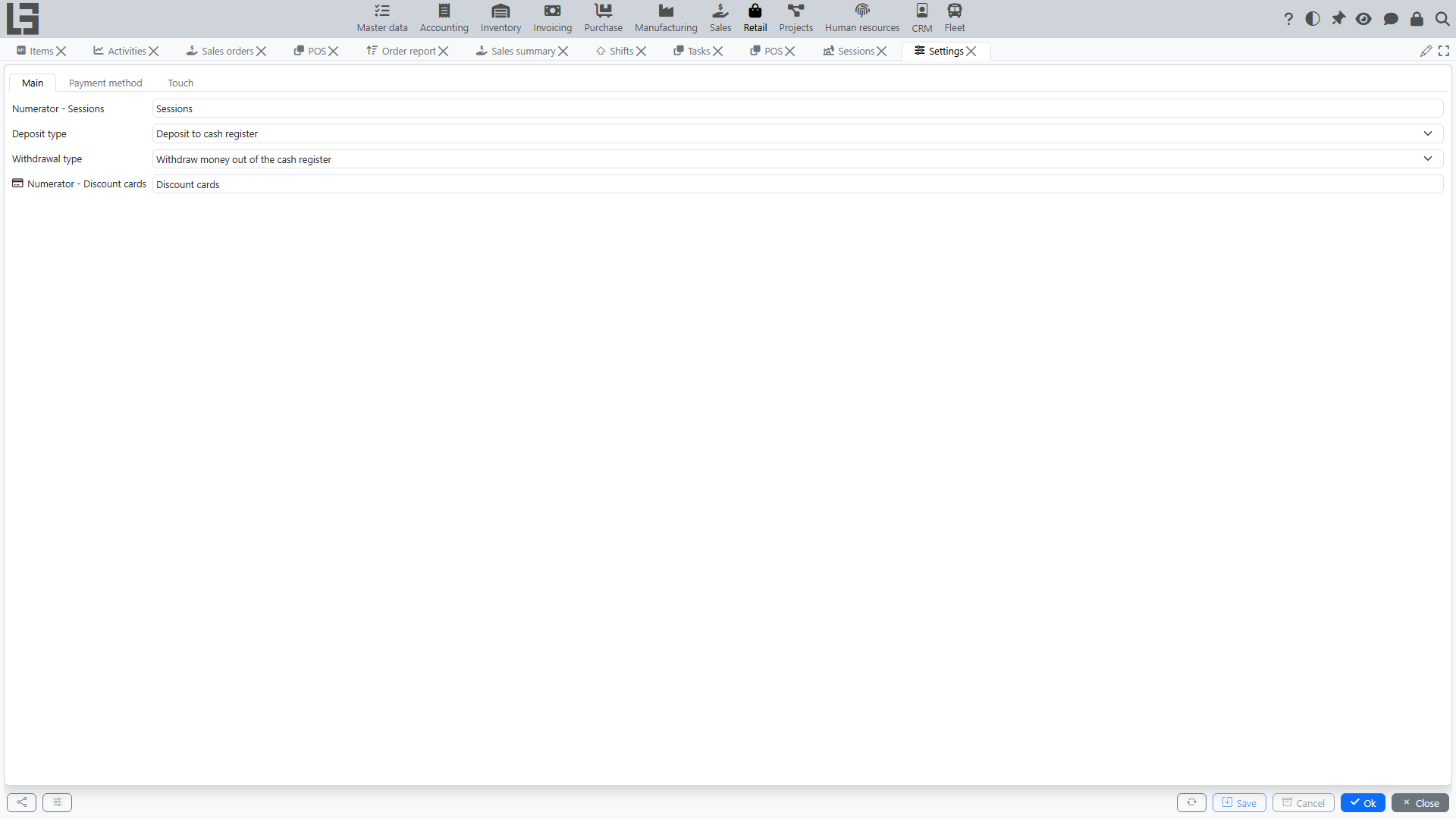 The Settings form of the Retail module