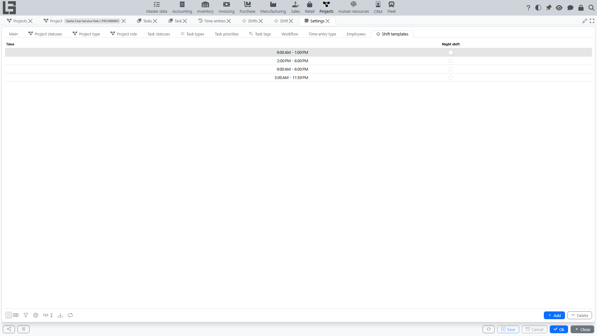 The Shift templates tab in Settings