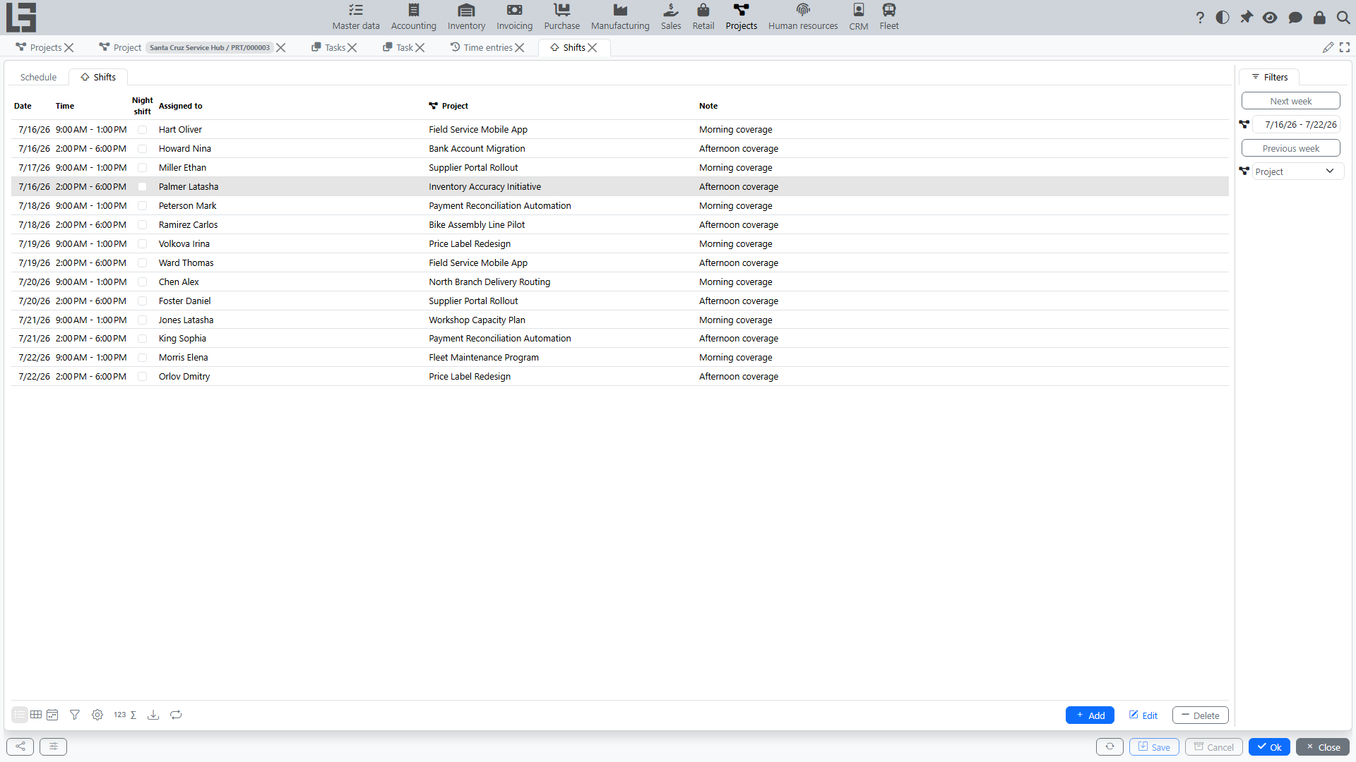 Shift list