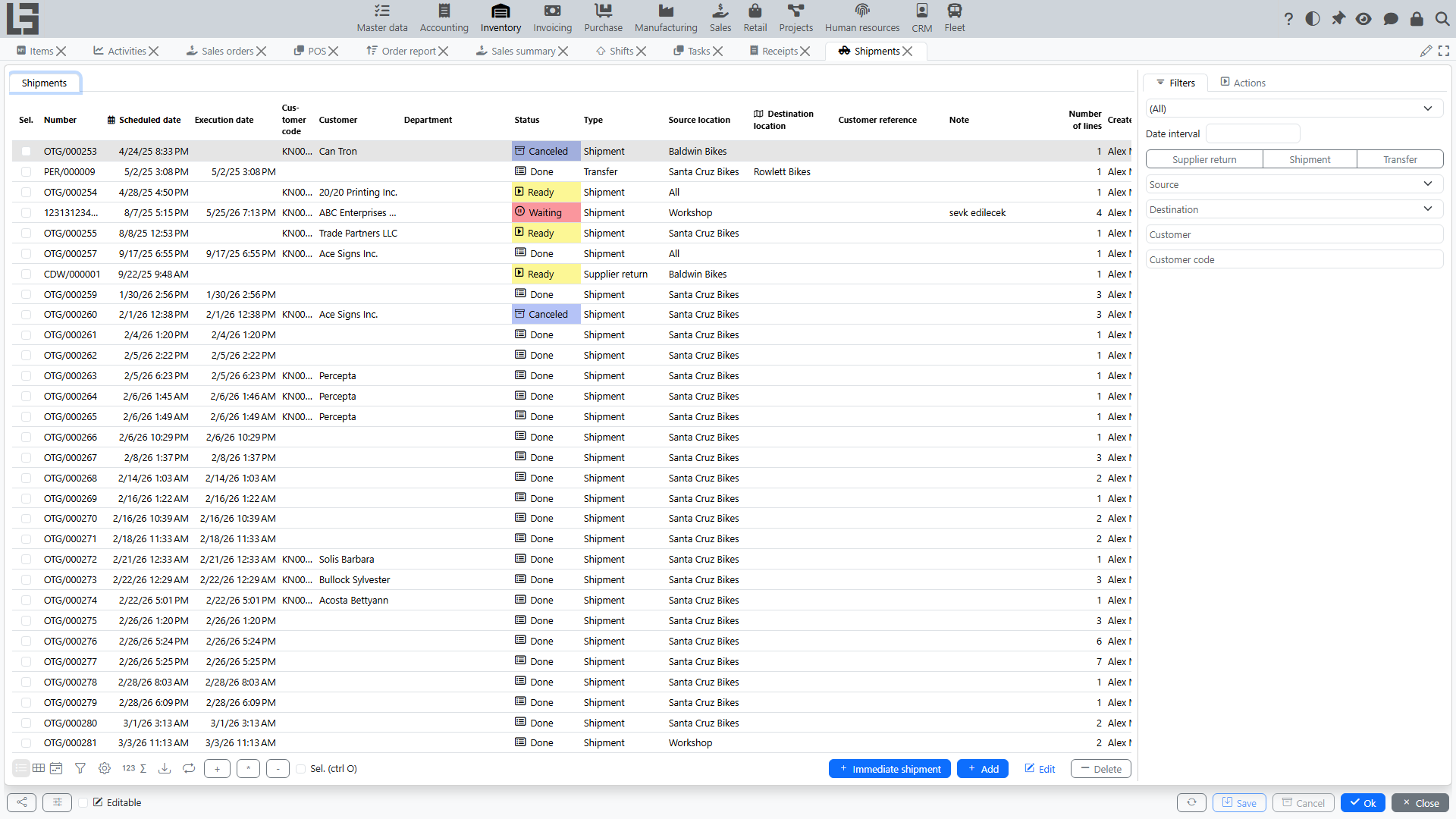 Shipments list