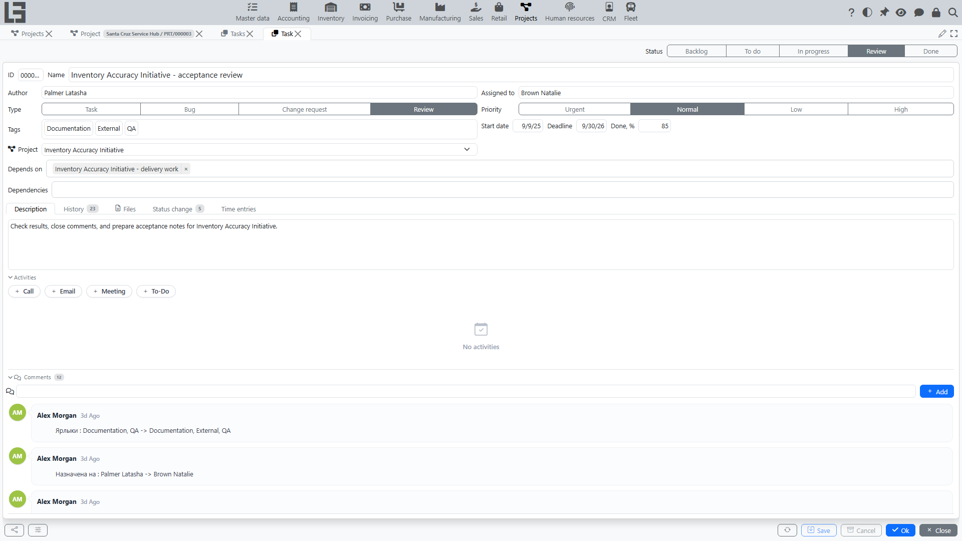 Task card: status panel, fields, comments