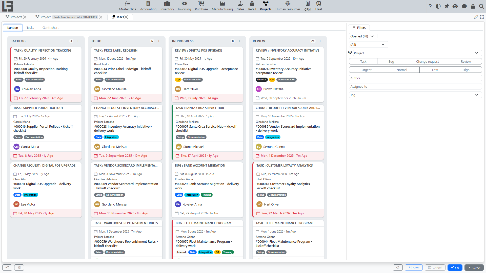 Task board (Kanban): columns are statuses