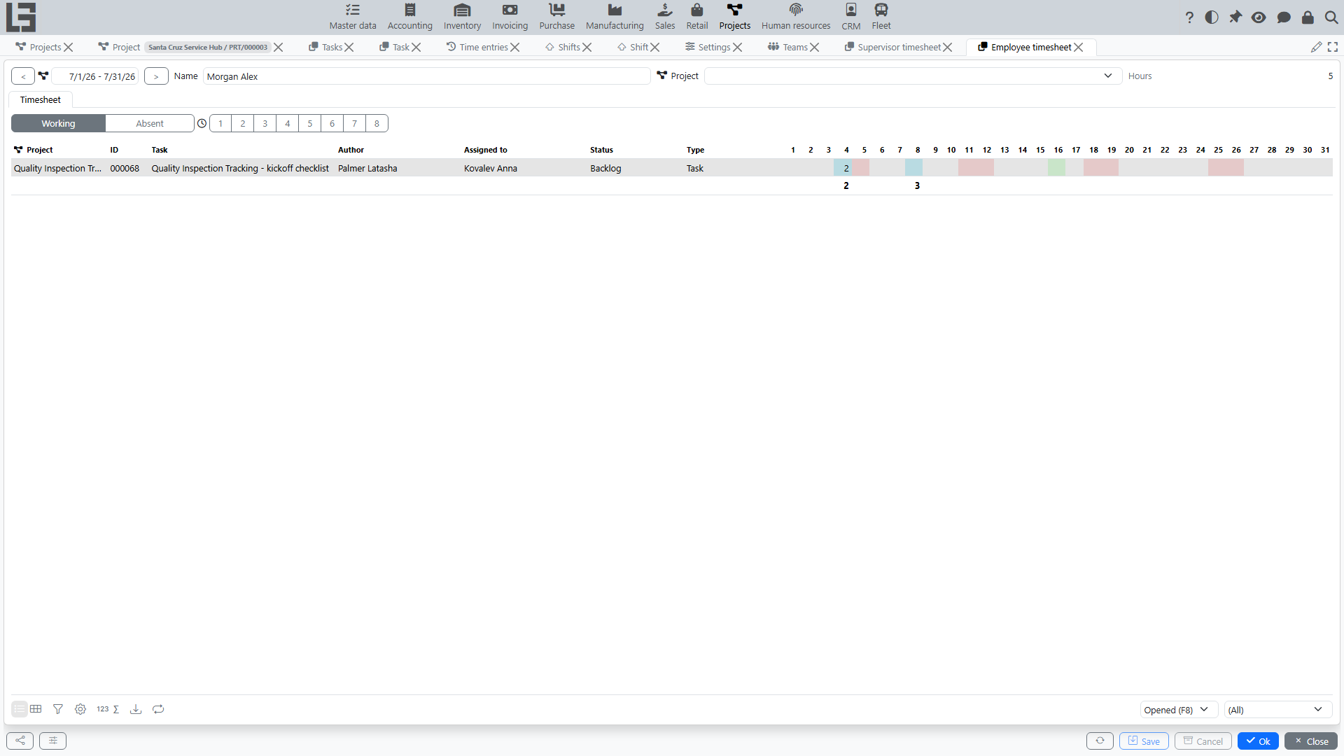 Employee timesheet: tasks by days of the period